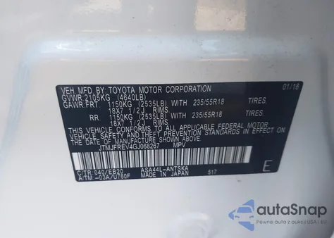2016 Toyota Rav4 Se z USA, uszkodzony, nr VIN JTMJFREV4GJ068267